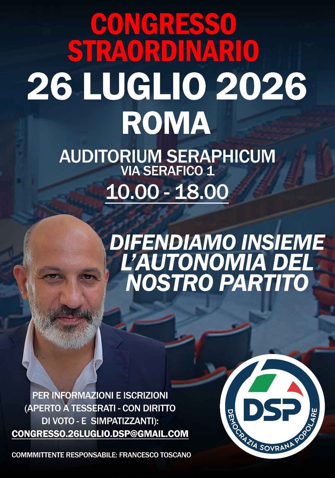 Locandina del Congresso Straordinario DSP - 26 luglio 2026, Roma, Auditorium Seraphicum
